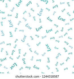 Light BLUE vector seamless background with words of love. Illustration with phrase LOVE YOU for valentine's day. Texture for window blinds, curtains.