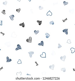 Light BLUE vector seamless background with words of love, hearts. Illustration with words of love, hearts in abstract style. Design for wallpaper, fabric makers.