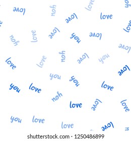 Light BLUE vector seamless background with words of love. Decorative design in doodle style with text LOVE YOU. Design for wallpaper, fabric makers.