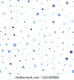 Light BLUE vector seamless background with triangles, circles, cubes. Glitter abstract illustration with spheres, squares, lines. Pattern for design of window blinds, curtains.