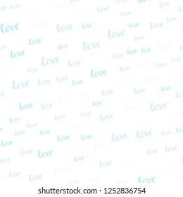 Light BLUE vector seamless background with words of love. Decorative illustration with words of love in abstract style. Texture for window blinds, curtains.