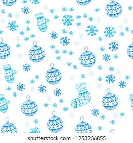 Light BLUE vector seamless background with xmas snowflakes, balls, socks, mittens. Glitter abstract illustration with gradient. Design for wallpaper, fabric makers.