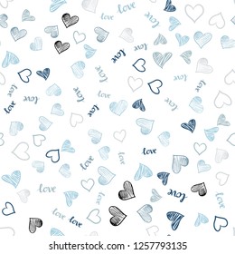 Light BLUE vector seamless background with words of love, hearts. Design in doodle style with text LOVE YOU, hearts. Pattern for trendy fabric, wallpapers.