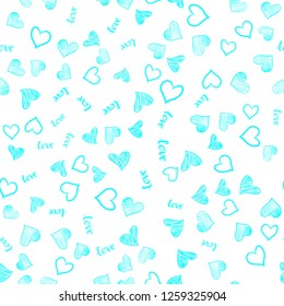 Light BLUE vector seamless background with words of love, hearts. Illustration with words of love, hearts in abstract style. Design for wallpaper, fabric makers.