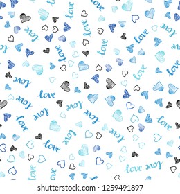 Light BLUE vector seamless background with words of love, hearts. Illustration with words of love, hearts in abstract style. Design for wallpaper, fabric makers.