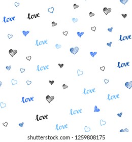 Light BLUE vector seamless background with words of love, hearts. Romantic illustration with colorful phrase LOVE YOU, hearts. Template for business cards, websites.
