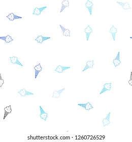Light BLUE vector seamless background with ice-cream cones. Glitter abstract sketch with ice-cream cones. Doodle design for your business advert of cafes.