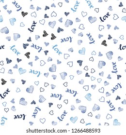 Light BLUE vector seamless background with words of love, hearts. Design in doodle style with text LOVE YOU, hearts. Design for wallpaper, fabric makers.