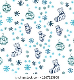 Light BLUE vector seamless background with xmas snowflakes, balls, socks, mittens. Colorful xmas elements with gradient. Design for textile, fabric, wallpapers.