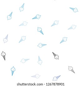 Light BLUE vector seamless background with ice-cream cones. Decorative design of ice-cream cones in doodle style. Design for ad, poster, banner of cafes, restaurants.