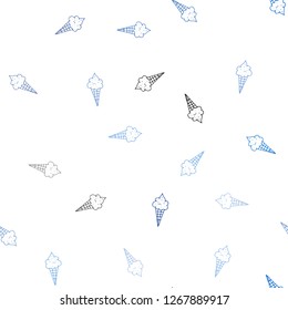 Light BLUE vector seamless background with ice-cream cones. Glitter abstract sketch with ice-cream cones. Doodle design for your business advert of cafes.