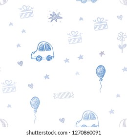 Light BLUE vector seamless background with xmas attributes. Illustration with a colorful toy car, heart, baloon, tulip, candy, ball. Pattern for carnival, festival ads.