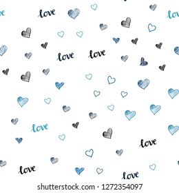 Light BLUE vector seamless background with words of love, hearts. Colorful gradient phrase LOVE YOU, hearts in abstract style. Template for business cards, websites.