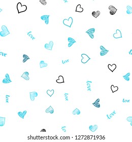 Light BLUE vector seamless background with words of love, hearts. Illustration with words of love, hearts in abstract style. Design for wallpaper, fabric makers.