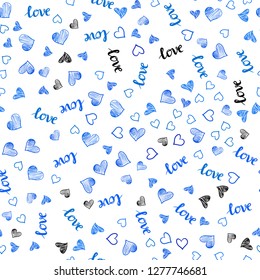 Light BLUE vector seamless background with words of love, hearts. Colorful gradient phrase LOVE YOU, hearts in abstract style. Texture for window blinds, curtains.