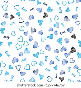 Light BLUE vector seamless background with words of love, hearts. Illustration with words of love, hearts in abstract style. Texture for window blinds, curtains.