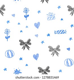 Light BLUE vector seamless background with xmas attributes. Design in xmas style with a toy car, heart, baloon, tulip, candy, ball. Pattern for birthday gifts.