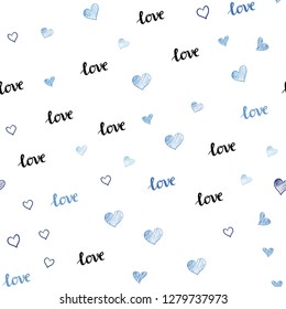 Light BLUE vector seamless background with words of love, hearts. Illustration with phrase LOVE YOU, hearts for valentine's day. Texture for window blinds, curtains.