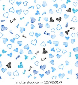 Light BLUE vector seamless background with words of love, hearts. Illustration with phrase LOVE YOU, hearts for valentine's day. Pattern for trendy fabric, wallpapers.