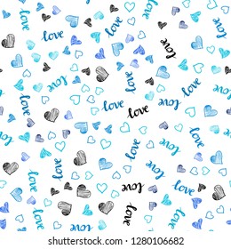 Light BLUE vector seamless background with words of love, hearts. Colorful gradient phrase LOVE YOU, hearts in abstract style. Template for business cards, websites.