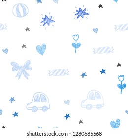 Light BLUE vector seamless background with xmas attributes. Shining illustration with a toy car, heart, baloon, tulip, candy, ball. Pattern for new year ads.