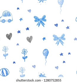 Light BLUE vector seamless background with xmas attributes. Shining illustration with a toy car, heart, baloon, tulip, candy, ball. Design for colorful commercials.