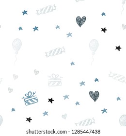 Light BLUE vector seamless background in xmas style. Shining illustration with aheart, baloon, candy, gift, star, ribbon. Pattern for carnival, festival ads.