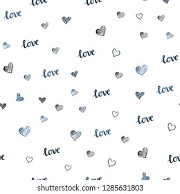 Light BLUE vector seamless background with words of love, hearts. Illustration with words of love, hearts in abstract style. Design for wallpaper, fabric makers.