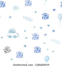 Light BLUE vector seamless background in xmas style. Illustration with a colorful toy car, baloon, candy, star, ball. Pattern for carnival, festival ads.