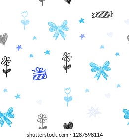 Light BLUE vector seamless background with xmas attributes. Illustration with a colorful toy car, heart, baloon, tulip, candy, ball. Design for colorful commercials.