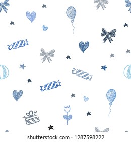 Light BLUE vector seamless background in xmas style. Illustration with a gradientheart, baloon, candy, gift, star, ribbon. Design for holiday adverts.