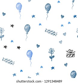 Light BLUE vector seamless background in xmas style. Illustration with a gradientheart, baloon, candy, gift, star, ribbon. Pattern for birthday gifts.