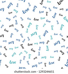 Light BLUE vector seamless background with words of love. Decorative design in doodle style with text LOVE YOU. Design for wallpaper, fabric makers.