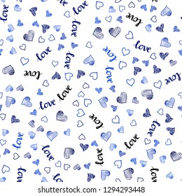 Light BLUE vector seamless background with words of love, hearts. Illustration with words of love, hearts in abstract style. Pattern for design of fabric, wallpapers.