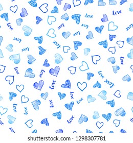 Light BLUE vector seamless background with words of love, hearts. Illustration with words of love, hearts in abstract style. Design for wallpaper, fabric makers.