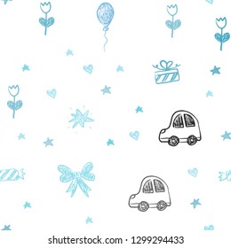 Light BLUE vector seamless background with xmas attributes. Illustration with a gradient toy car, heart, baloon, tulip, candy, ball. Template for new year postcards.