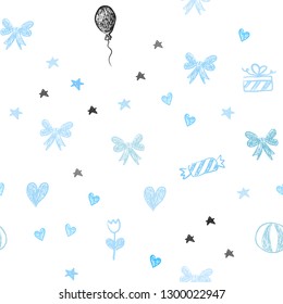 Light BLUE vector seamless background in xmas style. Illustration with a gradientheart, baloon, candy, gift, star, ribbon. Pattern for birthday gifts.