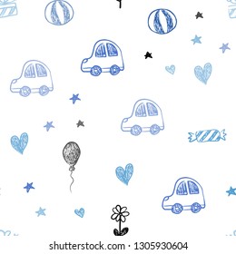 Light BLUE vector seamless background with xmas attributes. Shining illustration with a toy car, heart, baloon, tulip, candy, ball. Template for new year postcards.