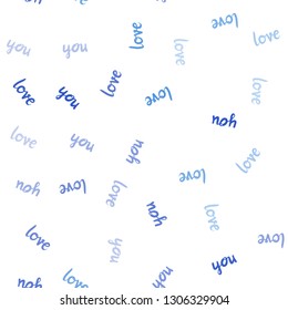 Light BLUE vector seamless background with words of love. Decorative design in doodle style with text LOVE YOU. Design for textile, fabric, wallpapers.