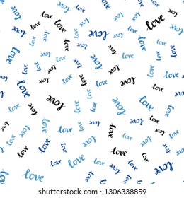 Light BLUE vector seamless background with words of love. Decorative design in doodle style with text LOVE. Design for wallpaper, fabric makers.