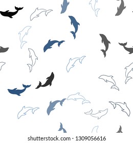 Light BLUE vector seamless background with dolphins. Isolated sea dolphins on white background. Natural design for wallpapers.