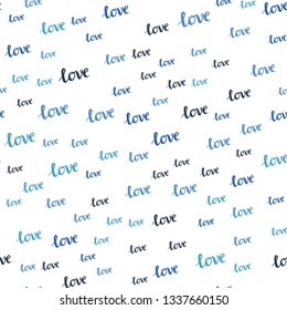Light BLUE vector seamless background with words of love. Illustration with colorful phrase LOVE YOU in romantic style. Texture for window blinds, curtains.