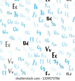 Light BLUE vector seamless background with signs of alphabet. Modern geometrical illustration with ABC english symbols. Texture for window blinds, curtains.