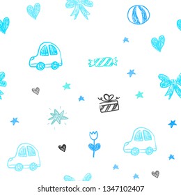 Light BLUE vector seamless background with xmas attributes. Shining illustration with a toy car, heart, baloon, tulip, candy, ball. Pattern for birthday gifts.