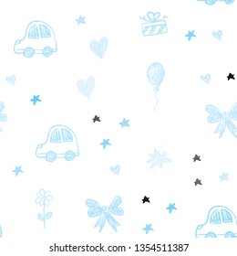 Light BLUE vector seamless background with xmas attributes. Colorful illustration with a toy car, heart, baloon, tulip, candy, ball. Pattern for birthday gifts.