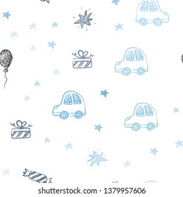 Light BLUE vector seamless background in xmas style. Design in xmas style with a toy car, baloon, candy, star, ball. Design for holiday adverts.