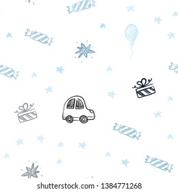 Light BLUE vector seamless background in xmas style. Shining illustration with a toy car, baloon, candy, star, ball. Pattern for new year ads.