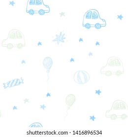 Light BLUE vector seamless background in xmas style. Illustration with a gradient toy car, baloon, candy, star, ball. Pattern for carnival, festival ads.