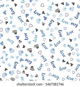Light BLUE vector seamless background with words of love, hearts. Design in doodle style with text LOVE YOU, hearts. Template for business cards, websites.