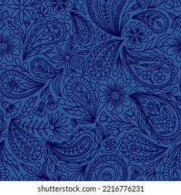 LIGHT BLUE VECTOR SEAMLESS BACKGROUND WITH BLUE PAISLEY CONTOUR PATTERN